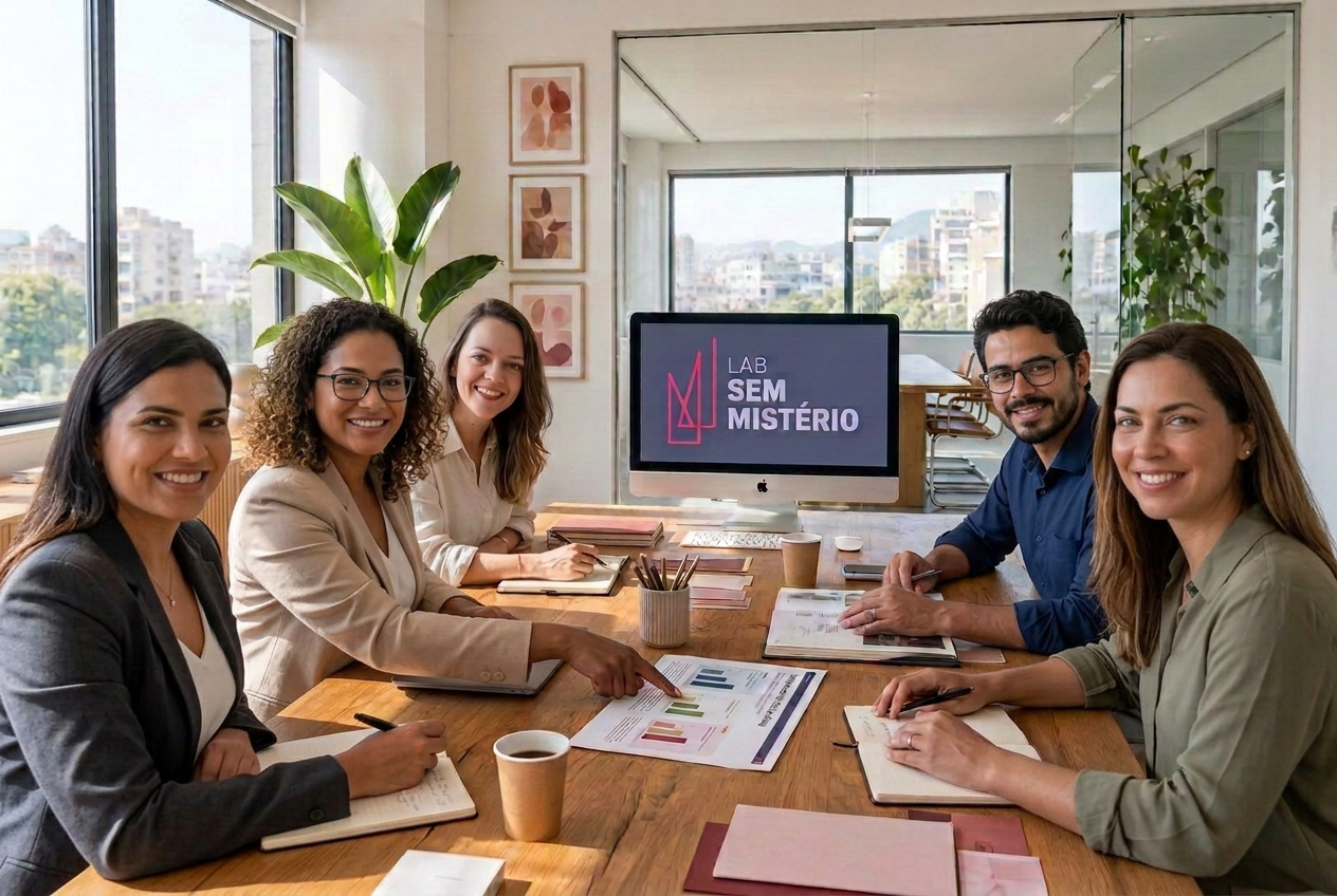 Montagem ilustrativa de Camila Peter com profissionais em trabalho colaborativo, com o logo LAB Sem Mistério no computador